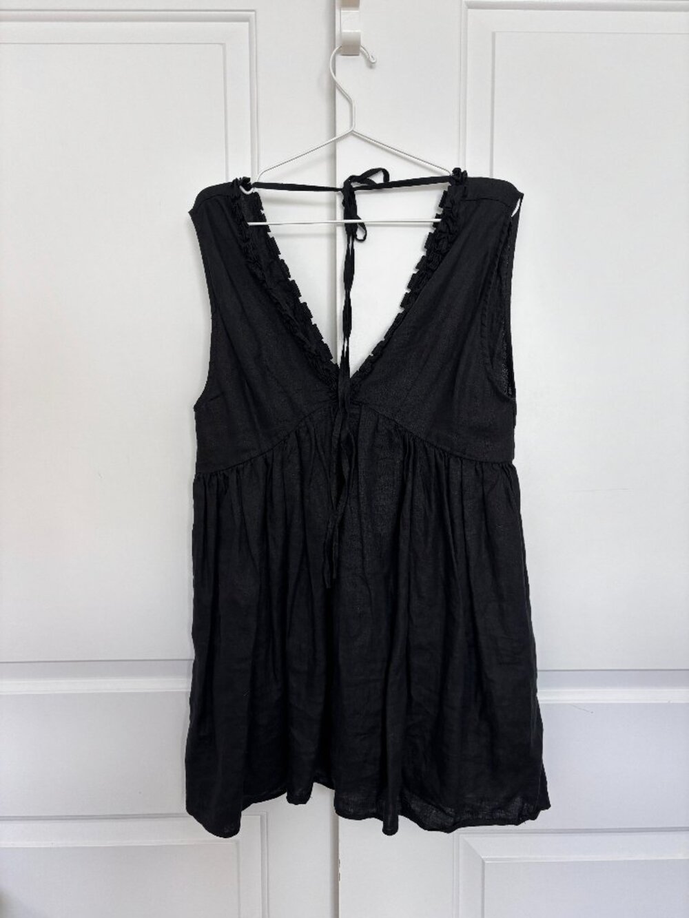 100% linen black slip dress, one size. · Linen — breathes, gets softer every wa